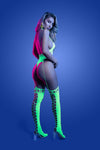 Back view: Neon green UV glow halter teddy bodystocking with thong back and garter-style straps, model posing from behind.