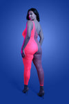 Plus Size Back View: "Neon pink UV reactive rhinestone bodystocking with asymmetrical fishnet panel – back view"