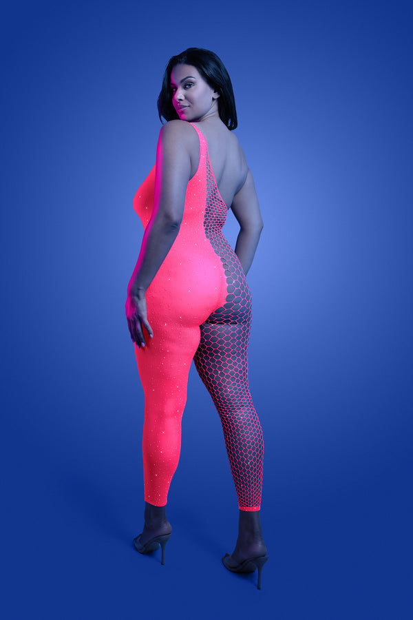 Plus Size Back View: "Neon pink UV reactive rhinestone bodystocking with asymmetrical fishnet panel – back view"