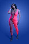 Plus Size Front View: "Neon pink asymmetrical rhinestone bodystocking with UV reactive fishnet panel – front view"