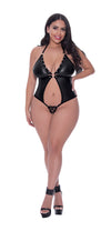 Aura Open Crotch Leather Look Teddy with Studs & Halter Neck – Lust Collection