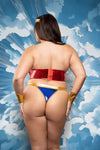 Red metallic bustier lingerie set with gold trim, blue thong, cuffs, and star headband costume.
