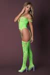 Neon Lace Affair: Strappy Gartered Bodystocking in Lime, Sunset, & Turquoise