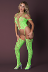 Neon Lace Affair: Strappy Gartered Bodystocking in Lime, Sunset, & Turquoise