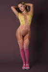 Neon Lace Affair: Strappy Gartered Bodystocking in Lime, Sunset, & Turquoise