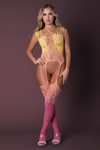 Neon Lace Affair: Strappy Gartered Bodystocking in Lime, Sunset, & Turquoise