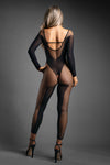 Black geometric mesh crotchless bodystocking with sheer-to-opaque contrast, scoop neckline, and long sleeves.