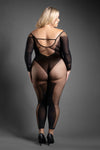 Black geometric mesh crotchless bodystocking with sheer-to-opaque contrast, scoop neckline, and long sleeves.