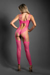 Neon pink crotchless teddy bodystocking with geometric fishnet, scoop back, and strappy cut-outs.