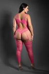 Neon pink crotchless teddy bodystocking with geometric fishnet, scoop back, and strappy cut-outs.