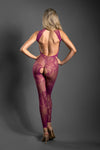 Magenta floral knit crotchless bodystocking with halter neckline, open back, and fishnet panels.