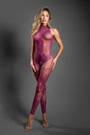 Magenta floral knit crotchless bodystocking with halter neckline, open back, and fishnet panels.