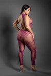 Magenta floral knit crotchless bodystocking with halter neckline, open back, and fishnet panels.