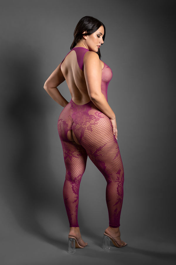 Magenta floral knit crotchless bodystocking with halter neckline, open back, and fishnet panels.