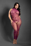 Magenta floral knit crotchless bodystocking with halter neckline, open back, and fishnet panels.