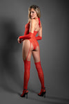 Red lace halter teddy bodystocking with attached garters, stockings, and opera-length gloves for dramatic allure.