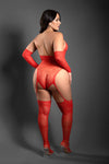 Red lace halter teddy bodystocking with attached garters, stockings, and opera-length gloves for dramatic allure.