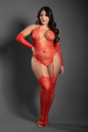 Red lace halter teddy bodystocking with attached garters, stockings, and opera-length gloves for dramatic allure.