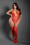 Red lace halter teddy bodystocking with attached garters, stockings, and opera-length gloves for dramatic allure.