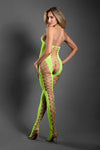 Neon green rhinestone halter bodystocking with open crotch and ladder-weave cut-outs for fearless energy.