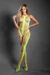 Neon green rhinestone halter bodystocking with open crotch and ladder-weave cut-outs for fearless energy.