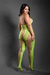 Neon green rhinestone halter bodystocking with open crotch and ladder-weave cut-outs for fearless energy.