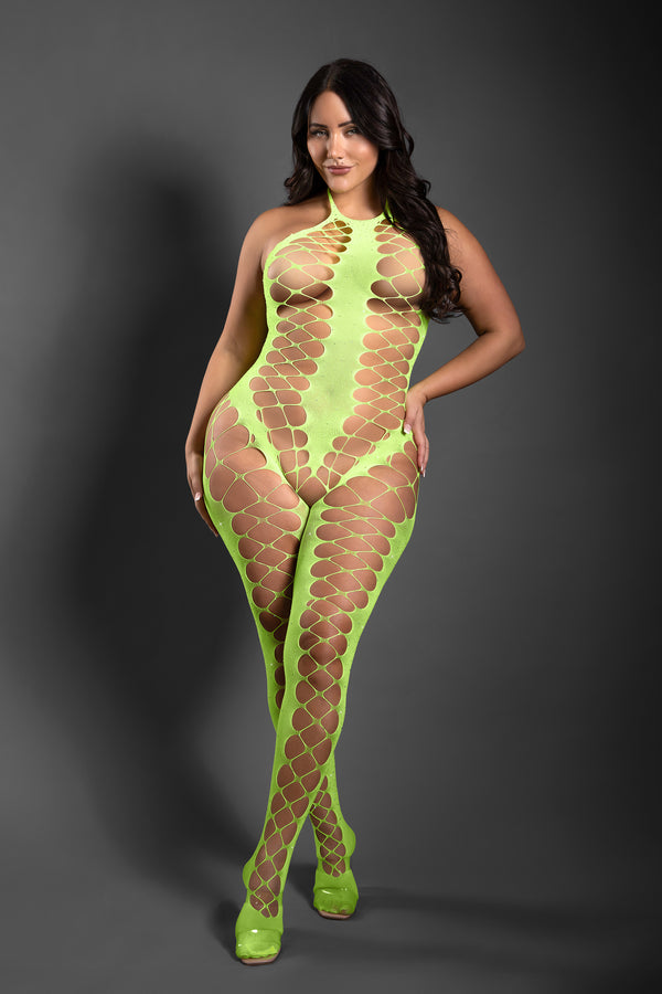 Neon green rhinestone halter bodystocking with open crotch and ladder-weave cut-outs for fearless energy.