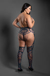 Navy mandala lace crotchless bodystocking with halter neckline, open back, and full-leg stocking effect.