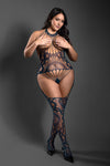 Navy mandala lace crotchless bodystocking with halter neckline, open back, and full-leg stocking effect.