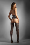 Gray floral fishnet halter bodystocking with matching g-string panty.