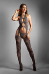 Gray floral fishnet halter bodystocking with matching g-string panty.
