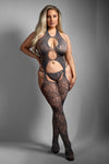 Gray floral fishnet halter bodystocking with matching g-string panty.