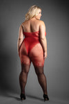 Red ombre lace crotchless bodystocking with body-contouring fit and sheer gradient design.