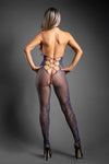 Navy dragon-scale patterned crotchless bodystocking with body-sculpting fit and open back.