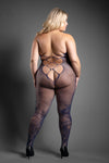 Navy dragon-scale patterned crotchless bodystocking with body-sculpting fit and open back.