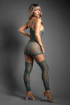Green crocodile-pattern knit bodystocking dress with sheer mesh texture and open crotch detail.