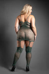 Green crocodile-pattern knit bodystocking dress with sheer mesh texture and open crotch detail.