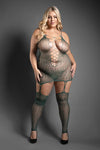 Green crocodile-pattern knit bodystocking dress with sheer mesh texture and open crotch detail.