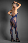 Navy ornamental lace bodystocking with open-bust illusion, strappy waist, and crotchless finish.
