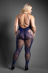 Navy ornamental lace bodystocking with open-bust illusion, strappy waist, and crotchless finish.