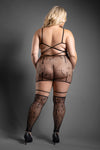 Black cross-pattern knit bodystocking dress with long sleeves, high neck, and open crotch styling.