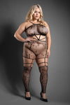 Black cross-pattern knit bodystocking dress with long sleeves, high neck, and open crotch styling.