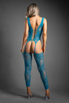 Teal floral knit bodystocking with reversible plunge or open-back design and open crotch.