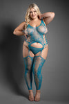 Teal floral knit bodystocking with reversible plunge or open-back design and open crotch.