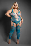 Teal floral knit bodystocking with reversible plunge or open-back design and open crotch.