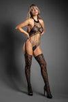 Black lace knit teddy with plunging neckline, strappy cut-outs, and cheeky open back.