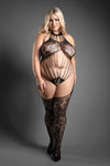 Black lace knit teddy with plunging neckline, strappy cut-outs, and cheeky open back.