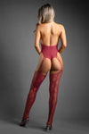 Burgundy snakeskin-inspired knit teddy with plunging neckline, figure-hugging fit, and open crotch detail.
