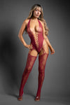 Burgundy snakeskin-inspired knit teddy with plunging neckline, figure-hugging fit, and open crotch detail.