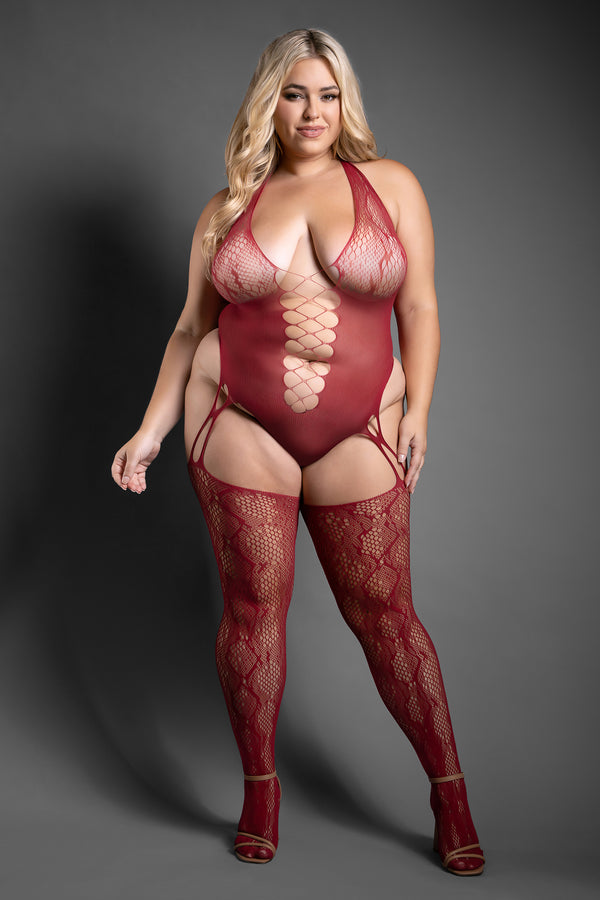Burgundy snakeskin-inspired knit teddy with plunging neckline, figure-hugging fit, and open crotch detail.